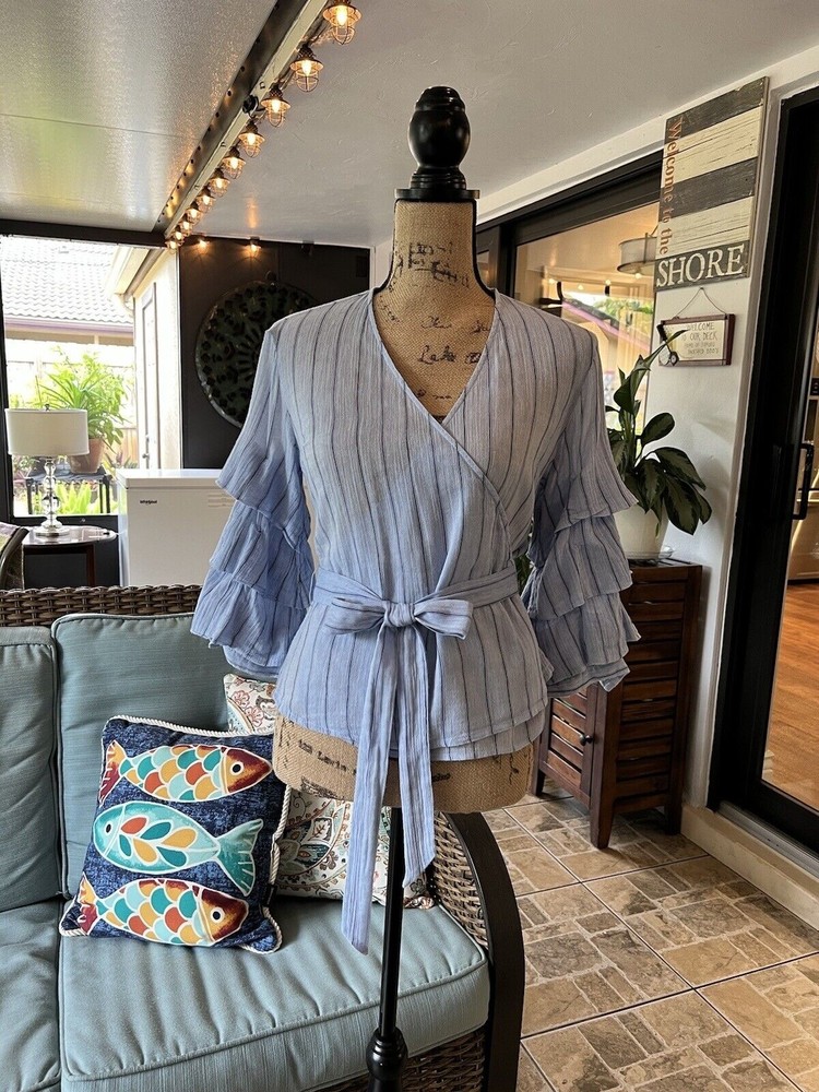 Bar lll Blouse Top Stripes Ruffles Bell Sleeve V-Neck Wrapped S Blue